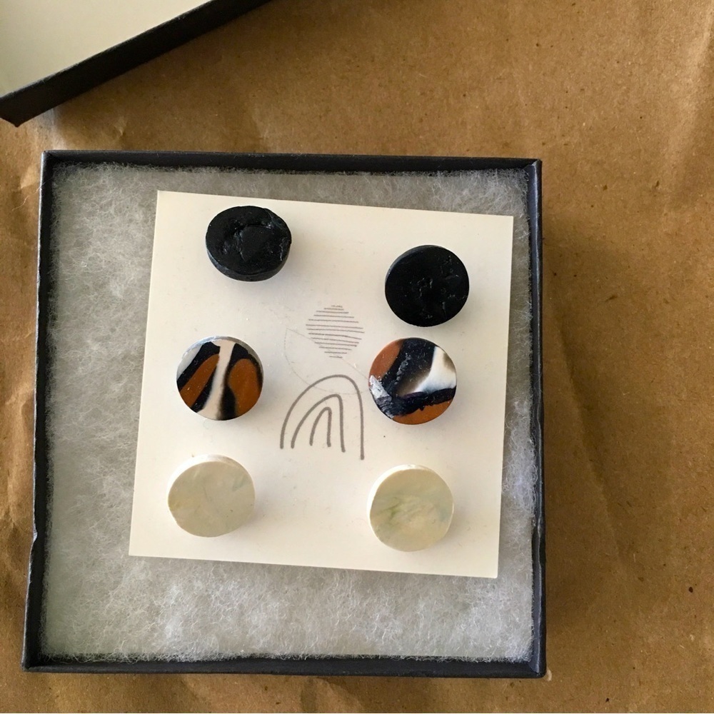3-pair Handmade Clay Stud Earrings, Lightweight, Earth Tones